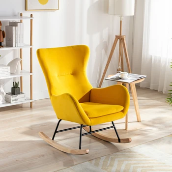 Желтое бархатное тканевое сиденье с подушкой, кресло-качалка, кресло для отдыха, кресло для гостиной, высокая спинка, сиденье с подлокотниками 8