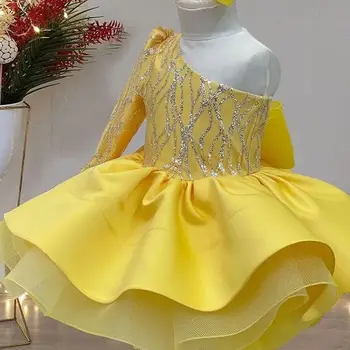 Желтое тюлевое бальное платье, платья принцессы с цветочным узором для девочек, пышные платья на одно плечо для девочек, расшитый бисером пояс, платье для красной ковровой дорожки 17