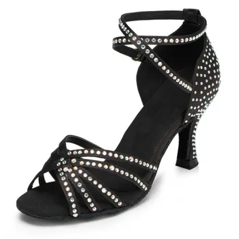 Женская взрослая атласная обувь для латиноамериканских танцев со стразами, обувь для сальсы, женская обувь для танцев Танго, обувь для вечеринок, обувь для бальных танцев, Сандалии 12