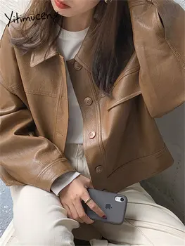Женская кожаная куртка Yitimuceng 2023, новая мода, пальто из искусственной кожи большого размера с отложным воротником и длинным рукавом, куртки для мото-уличной одежды 5