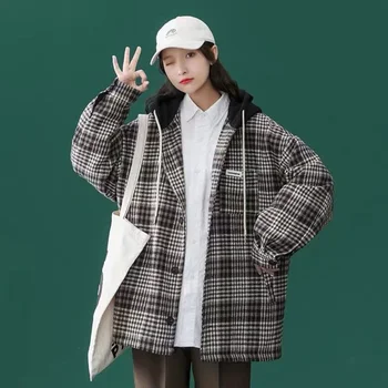 Женская куртка в клетку в стиле харадзюку, контрастный цвет, 2021, женская уличная одежда с капюшоном и длинным рукавом, однобортная верхняя одежда корейской моды в стиле ретро 6