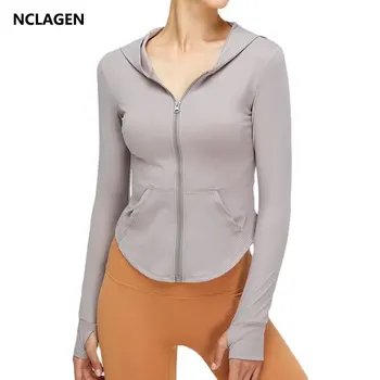 Женская куртка для йоги NCLAGEN с капюшоном, рубашки для фитнеса на молнии, спортивный топ с длинным рукавом, спортивная одежда для спортзала, быстросохнущая одежда для тренировок 7