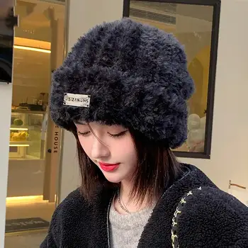 Женская плюшевая шляпа без полей, однотонная Корейская мода, непромокаемая осенне-зимняя теплая пушистая меховая шапка-бини, капот femme hiver шапка