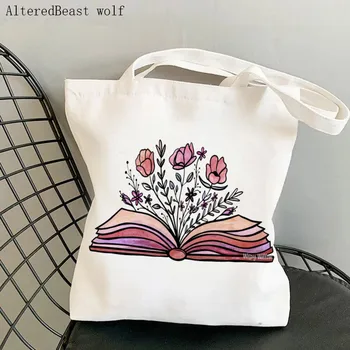 Женская сумка для покупок, открытая книга, художественная сумка с цветочным принтом, холщовая сумка для покупок в Харадзюку, женская сумка-тоут, женская сумка через плечо 12