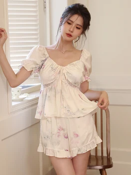 Женская шелковая пижама с корейскими оборками, женский Летний домашний костюм-двойка с милым Французским принтом, короткий рукав, пижама принцессы, одежда для отдыха 17