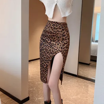 Женская юбка Модный Европейский стиль Винтажный Леопардовый Принт 2023 Весна Лето Сексуальные Тонкие Женские юбки с разрезом