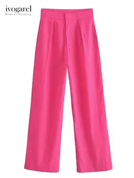 Женские брюки полной длины Ivogarel 2023 цвета Фуксии, прямые брюки с высокой талией и карманами, шикарные и стильные 8