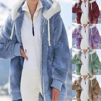 Женские куртки с капюшоном, Зимние флисовые Теплые повседневные пальто в стиле пэчворк на молнии, Модная Свободная парка из искусственного меха, Куртки на шнурках, пальто 5