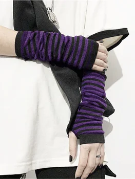 Женские перчатки Y2k, японский кавайный рукав в стиле Лолиты, женская рука, вязаная крючком, готическая полосатая теплая зимняя перчатка без пальцев