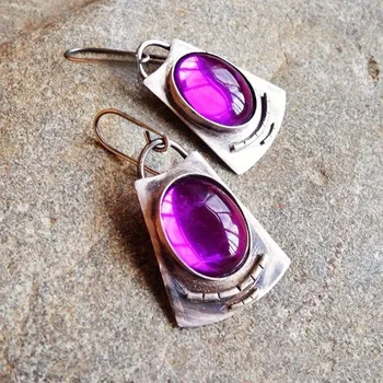 Женские ретро-овальные фиолетовые серьги, классические серебряные серьги, металлический геометрический крючок, новая коллекция 4