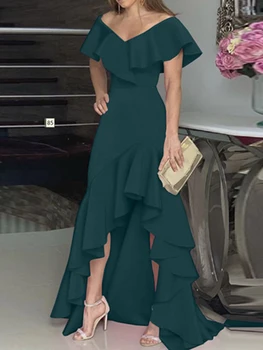 Женское винтажное длинное вечернее платье с разрезными оборками, женское повседневное платье Макси без рукавов с V-образным вырезом, однотонное платье трапециевидной формы 2022 7