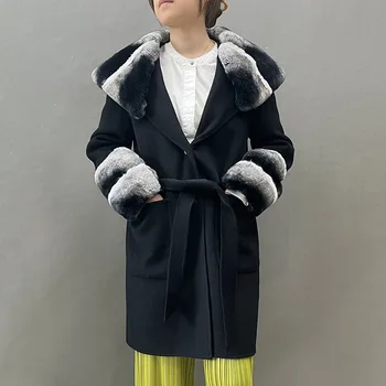 Женское длинное пальто из натуральной шерсти со съемным воротником-манжетой из натурального меха кролика рекс Модный осенне-зимний шерстяной тренч S5525 1