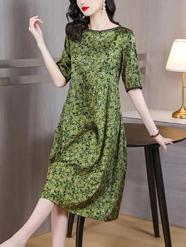 Женское Зеленое шелковое атласное платье Миди с цветочным рисунком, летнее Модное платье со свободной талией с коротким рукавом 2023, Корейское винтажное роскошное элегантное платье 10