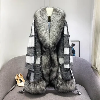 Женское зимнее пальто, Теплый тренч из натурального меха, Женская уличная одежда, Шерстяная куртка с длинной решеткой GJ3674 17