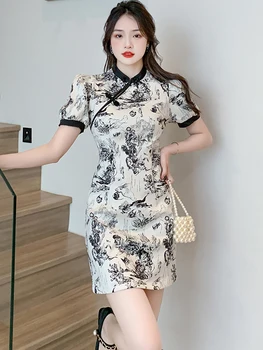 Женское Корейское винтажное Элегантное облегающее мини-платье с летним принтом и коротким рукавом, шикарное платье для выпускного вечера, мода 2023 года, подходящее платье по запросу 14