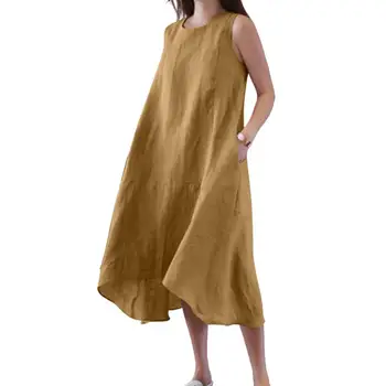 Женское летнее платье на бретелях свободного кроя, Однотонное хлопковое льняное платье с карманами неправильной формы, свободное платье Миди