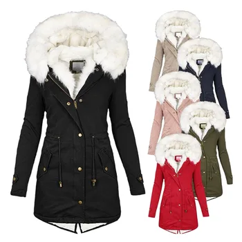 Женское пальто, модное осенью и зимой, Длинный белый меховой воротник С капюшоном, Длинный рукав, Высокая талия, карман на молнии на пуговицах, пальто с завязками 8
