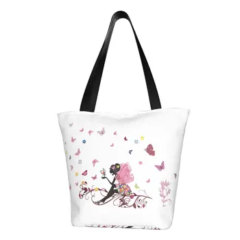 Забавный принт, Цветочная фея, Бабочка, сумки для покупок для девочек, портативная холщовая сумка для покупок через плечо 11