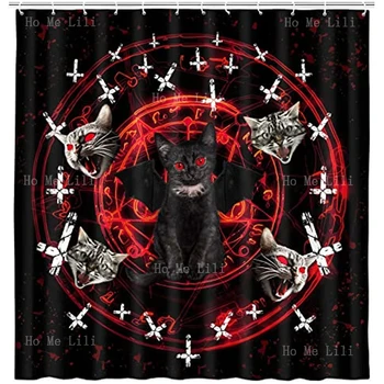 Занавеска для душа с забавным котом в готическом стиле, Сатанинская Пентаграмма Смерти в стиле арт-деко 14