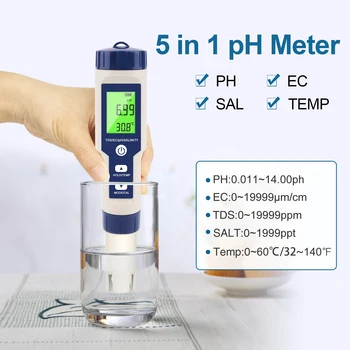 Измеритель солености и температуры 5 В 1 PH TDS EC, Цифровой монитор качества воды, Тестер ручки для бассейнов, аквариумов с питьевой водой 4