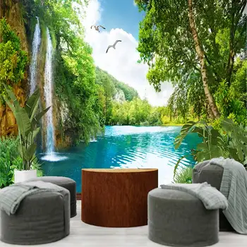 Индивидуальная фреска с водопадом и лотосом, красивый природный пейзаж, лесная водная роспись, украшение дома, дерево, 3D обои 8