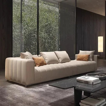 Итальянский минималистичный кожаный диван Легкая роскошь Для маленькой гостиной, Четырехместная комбинация из прямолинейной воловьей кожи, Современная простота 3