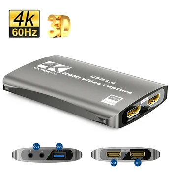 Карта видеозахвата 4K HD 60 кадров в секунду USB 3.0 с петлевым выходом HDMI-совместима с потоковой передачей аудио с микрофона для PS4 5 Nintendo Switch Game Capture 3