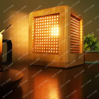 Квадратная настольная лампа из массива дерева для прикроватной тумбочки спальни гостиной Лампа для защиты глаз детей Декор внутреннего освещения 12