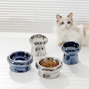 Керамическая миска для кошек с гальваническим покрытием, корм для щенков, поилки для воды, Приподнятые принадлежности для питья домашних животных, принадлежности для кошек