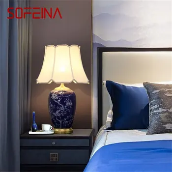 Керамические настольные лампы SOFEINA Blue, латунь, современный роскошный тканевый настольный светильник, домашний декор для гостиной, столовой, спальни 15