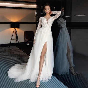 Классические свадебные платья трапециевидной формы с V-образным вырезом, Длинные рукава, кружевные аппликации, Свадебные платья принцессы, Vestido De Novia 3