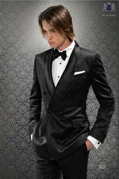 Классический дизайн Черных мужских свадебных костюмов Slim Fit Skinny из 2 предметов (куртка + брюки) Двубортный Смокинг, Изготовленный на Заказ Блейзер Masculino 6