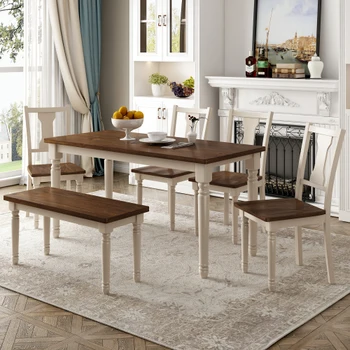Классический Обеденный набор из 6 предметов, деревянный стол и 4 стула со Скамейкой для кухни-столовой (коричневый + Коттеджный Белый) 17