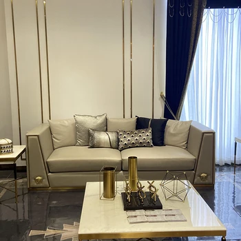 Кожаный диван на заказ, роскошная гостиная в итальянском стиле, комбинированная вилла с мебелью из нержавеющей стали, большой модельный зал с плоским полом 14