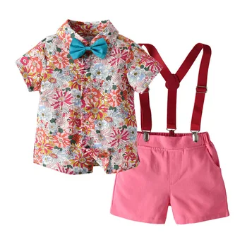 Комплект для мальчиков, Детская летняя одежда, летние пасторальные цветы, рубашка с коротким рукавом, шорты с ремешком в стиле ретро, комплект из 2 предметов