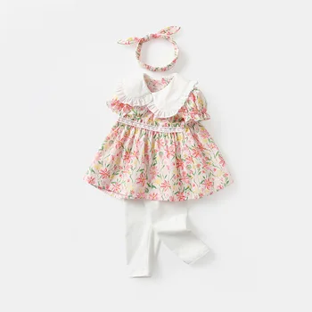 Комплект платья для маленьких девочек с лентой для волос, лето 2023, Новая мода, кукольный воротник, юбка с коротким рукавом и цветочным рисунком, хлопковая сладкая ткань для младенцев 4