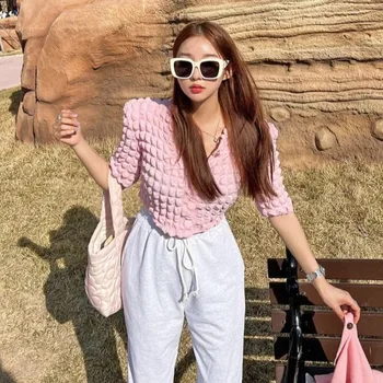 Корейская версия летней одежды ins, милая розовая короткая рубашка с пузырчатым рукавом, уменьшающая возраст, маленький тонкий топ с короткими рукавами 13