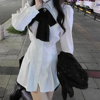 корейское приталенное платье с длинными рукавами, женские летние повседневные мини-платья с бантом, женское белое платье с отложным воротником и пуговицами на хай-стрит