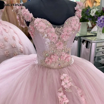 Красивое бальное платье Quinceanera 2023, длинная юбка из тюля, расшитая бисером, Розовая, без рукавов, Милая, для вечеринки по случаю Дня рождения 15-16, со шлейфом