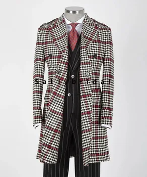 Красно-черный блейзер в клетку, пальто в клетку, осенне-зимний мужской костюм из плотной шерсти, куртка с большим отворотом на заказ, Всего 1 шт 9