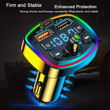 Красочный автомобильный FM-передатчик Bluetooth 5.0 PD 02W Type-C, быстрое зарядное устройство USB 4.2 A, рассеянный свет, прикуриватель, Громкая связь 10