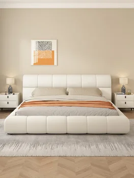 Кровать из натуральной кожи современная минималистичная двуспальная кровать кремового цвета в главной спальне двуспальная кровать высокого класса 2023 новая кровать 16