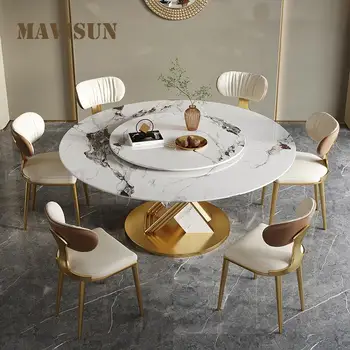 Круглый стол с поворотом на 360 °, Гладкий Поворотный стол, Дизайнерская Обеденная мебель из нержавеющей стали, Кухонный стол и стул из каменной плиты 9