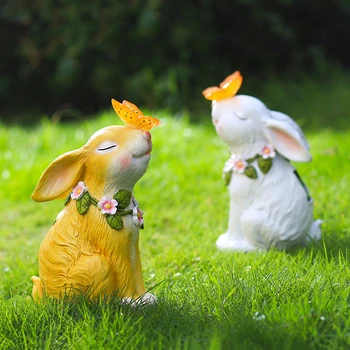 Лампа-скульптура солнечного кролика, ручная роспись, украшение в виде кролика из смолы, Ночник, защита от солнца, прочный Водонепроницаемый для сада на террасе 2