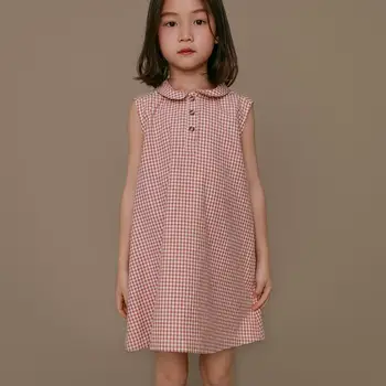 Летнее новое детское платье в стиле ретро для девочек, хлопковые повседневные платья без рукавов, модная детская одежда в клетку 17