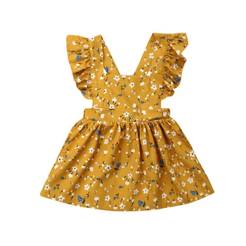 Летнее платье принцессы для маленьких девочек от 1 до 6 лет, без рукавов, с цветочным принтом и оборками, желтое платье трапециевидной формы, вечерние платья