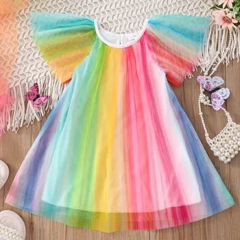 Летнее радужное платье с короткими рукавами и цветочным кружевом для маленьких девочек, сетчатое платье принцессы, модная одежда для девочек и платье в полоску для девочек 13