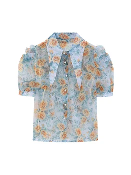 Летние женские французские винтажные Классические шифоновые рубашки, Модные блузки, укороченные топы с коротким рукавом, Mori Girl, Эстетичный однобортный 8