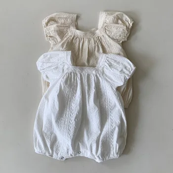 Летние Кружевные ползунки для новорожденных девочек с коротким рукавом, Цветочная вышивка, Плиссированное Боди для малышей, Мягкая Уютная Детская одежда