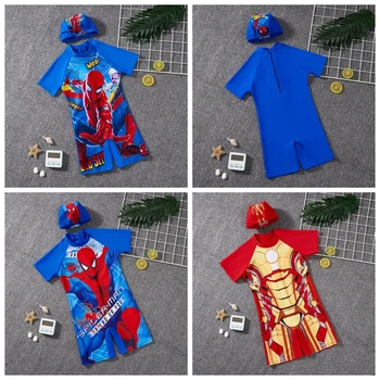 Летние купальники с рисунком Человека-паука с рисунком Железного Человека для маленьких мальчиков, Цельный купальник + кепки, Комплекты пляжной одежды для девочек от 2 до 8 лет 17